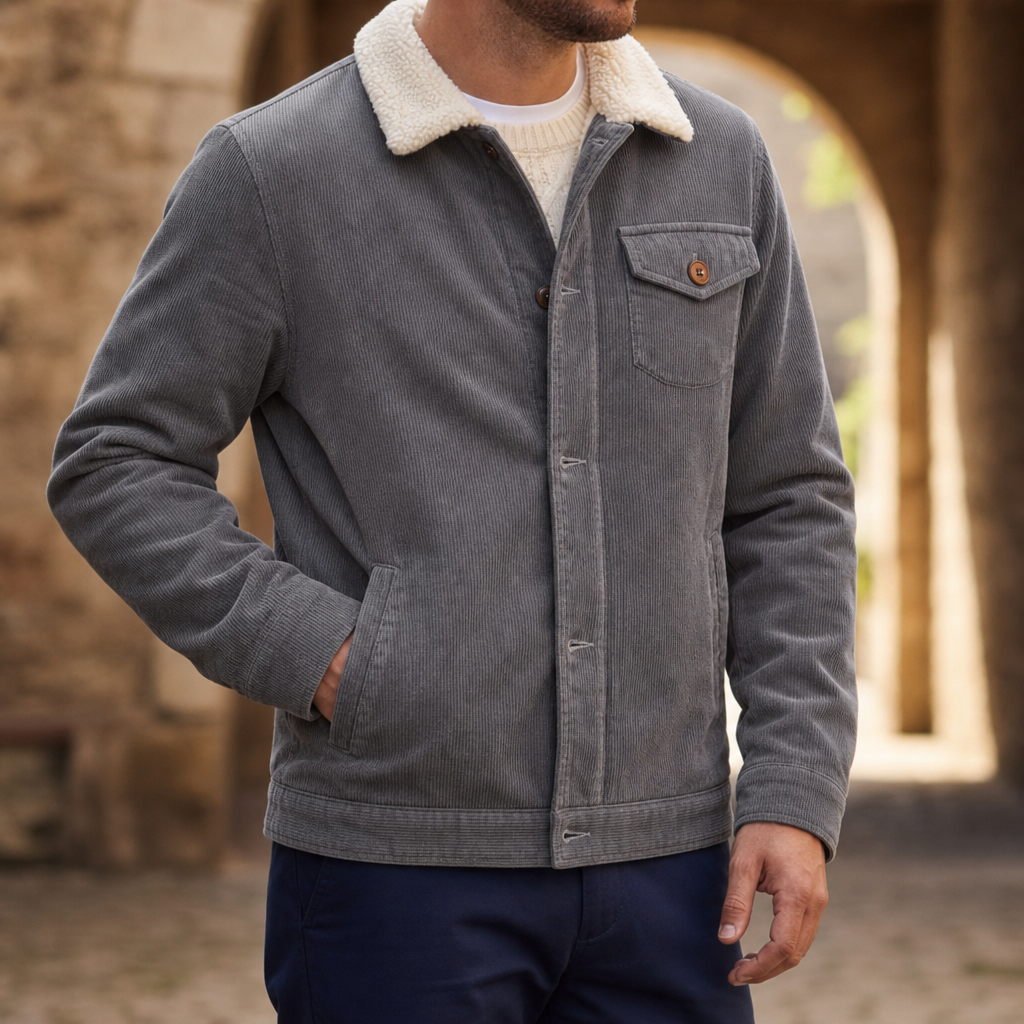 Lefkada Sherpa Lined Corduroy Jacket in Gray