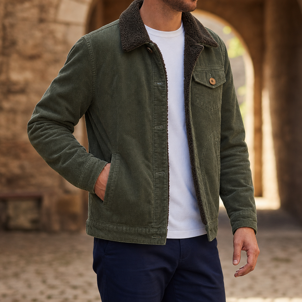 Lefkada Sherpa Lined Corduroy Jacket in Green