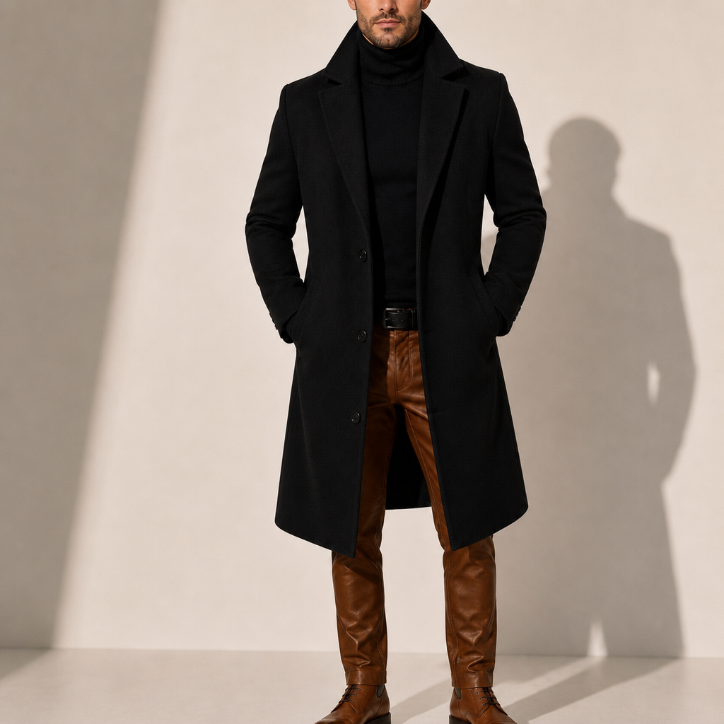Lefkada Wool Blend Overcoat in Black