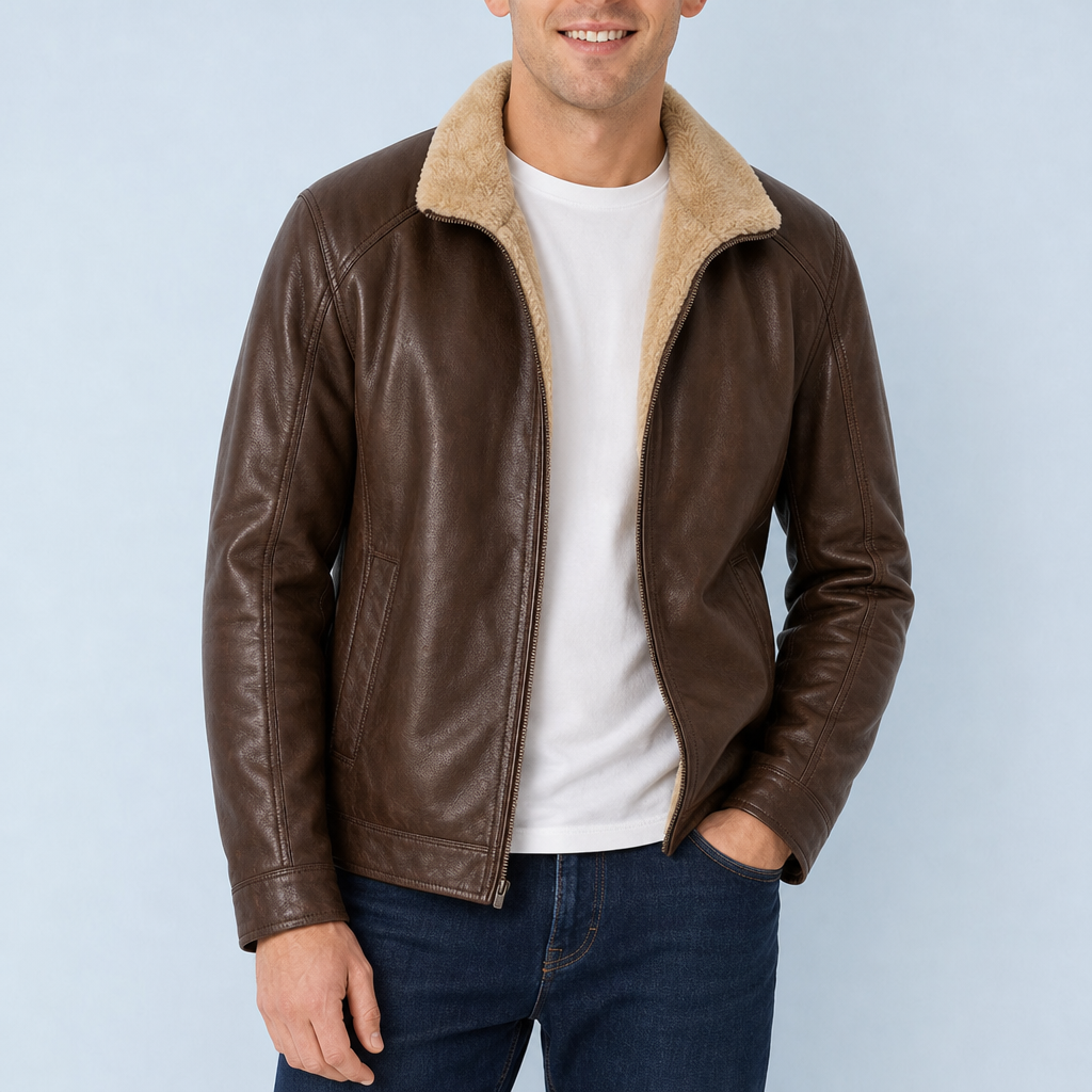 Lesvos Shearling Lined Leather Jacket in Brown