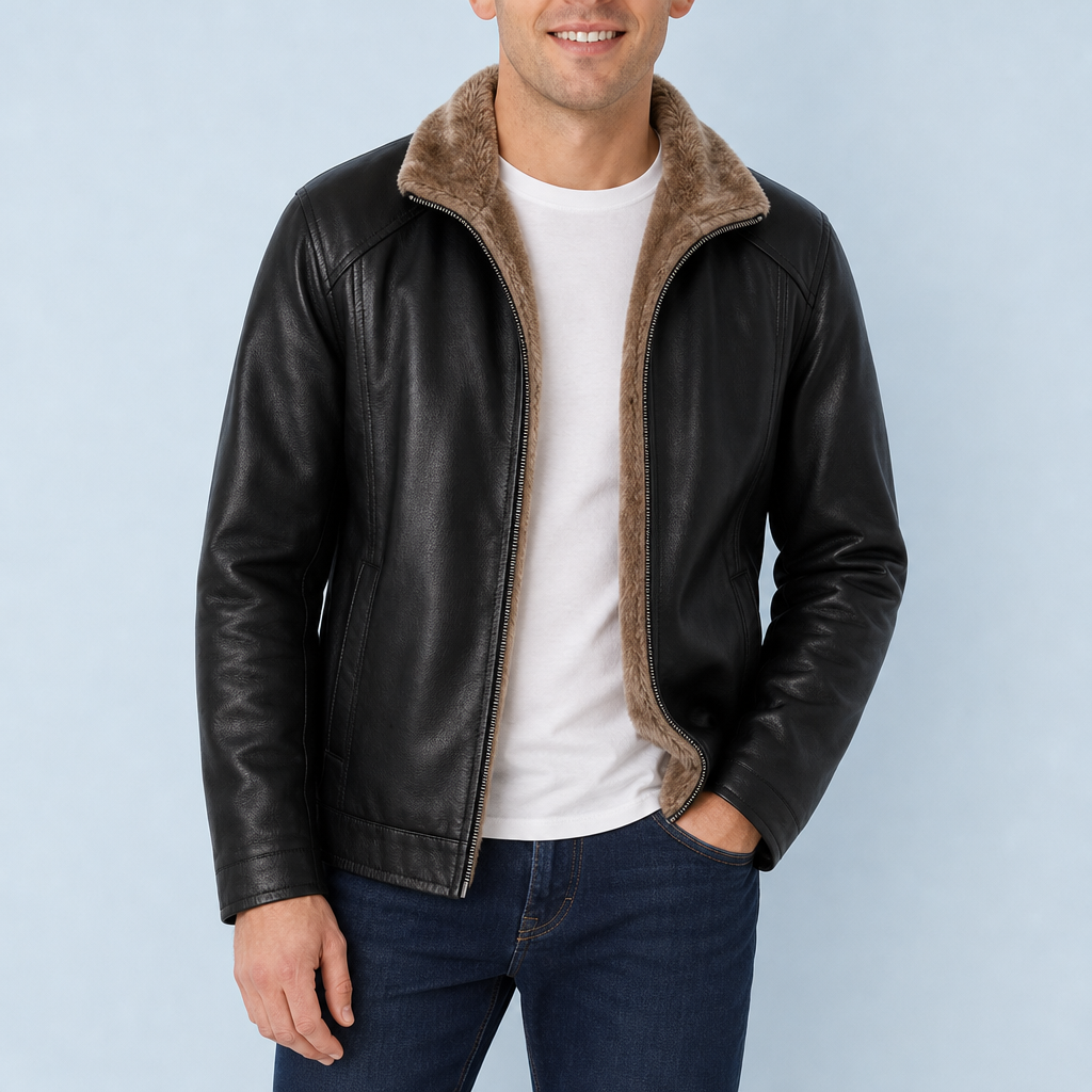 Lesvos Shearling Lined Leather Jacket in Black