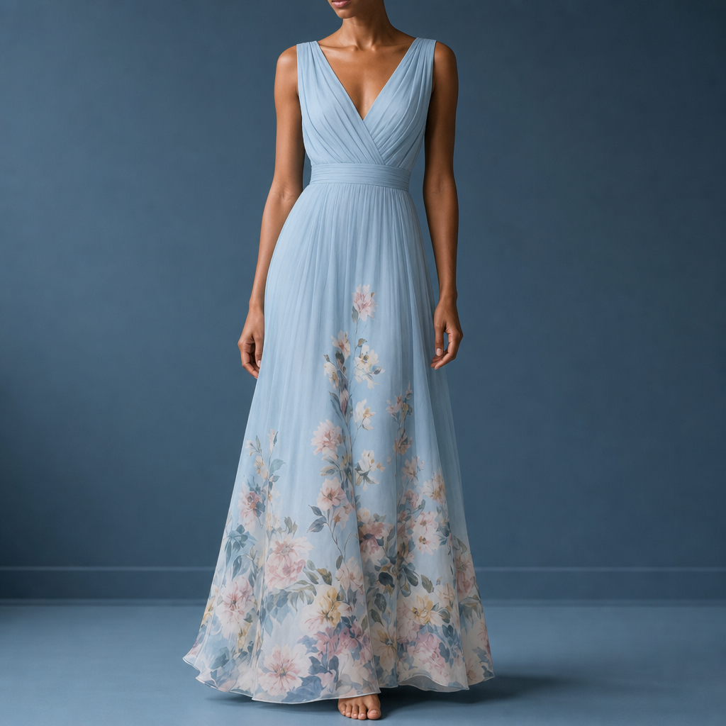 Mantova Floral Chiffon Maxi Dress in Light Blue
