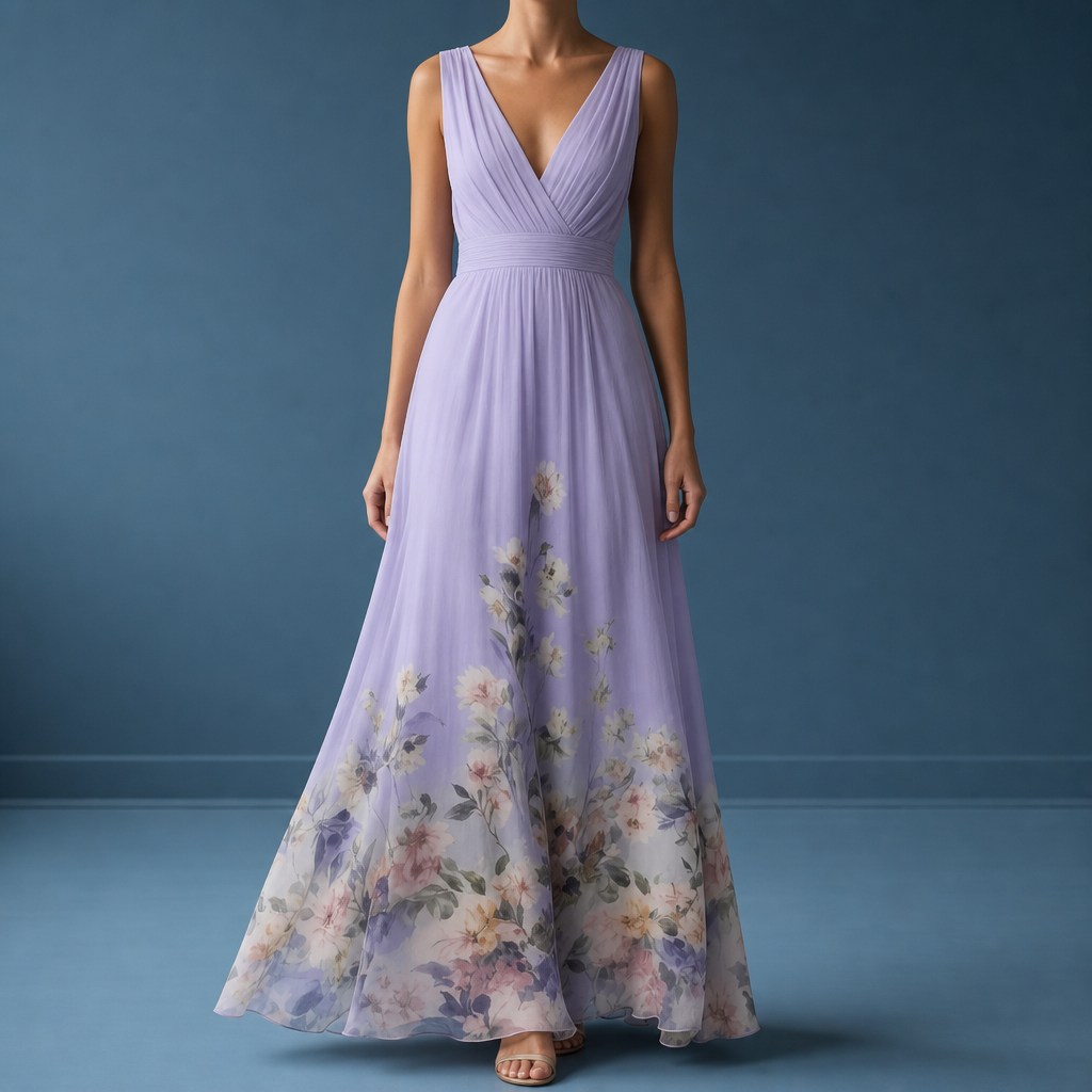 Mantova Floral Chiffon Maxi Dress in Purple