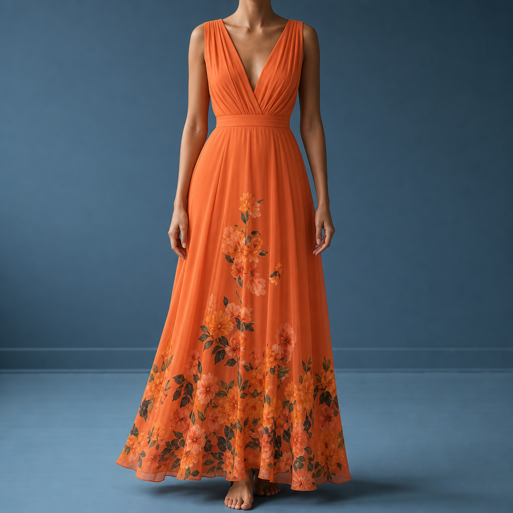 Mantova Floral Chiffon Maxi Dress in Orange