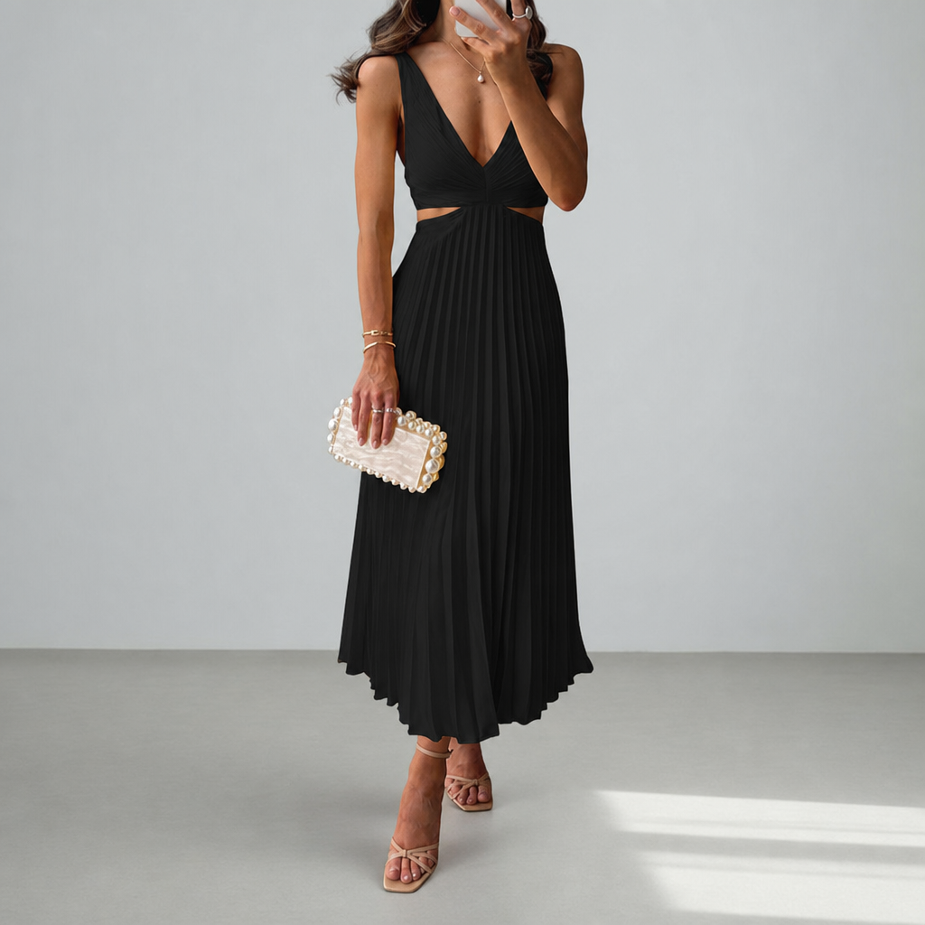 Mougins Pleated Cut-Out Midi Dress in Black