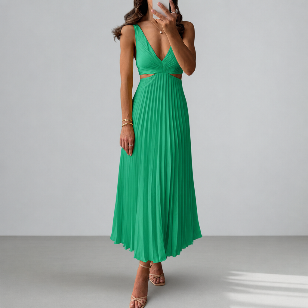 Mougins Pleated Cut-Out Midi Dress in Green