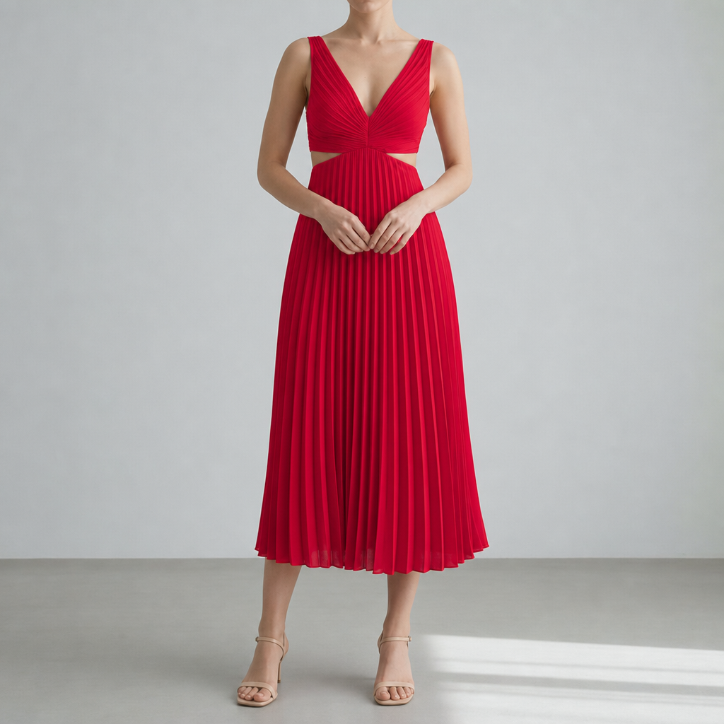 Mougins Pleated Cut-Out Midi Dress in Red