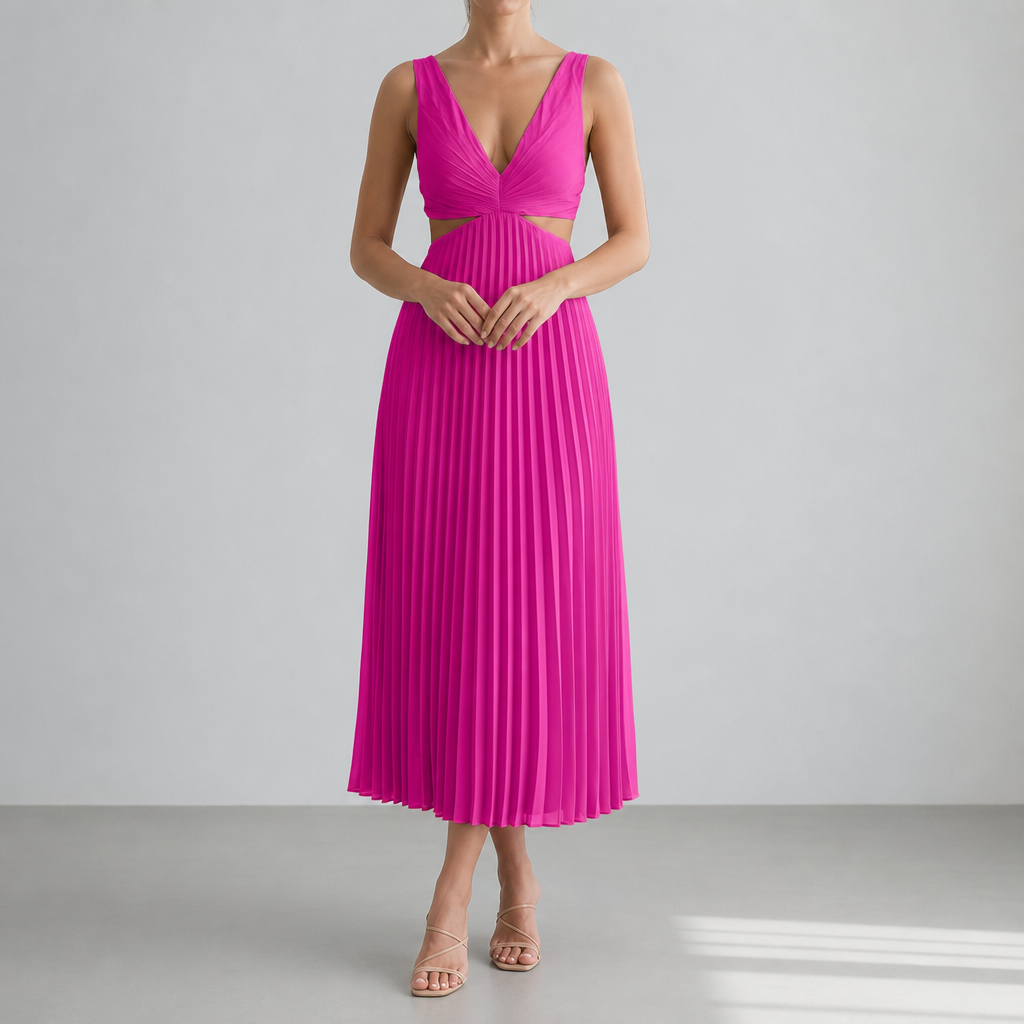Mougins Pleated Cut-Out Midi Dress in Pink