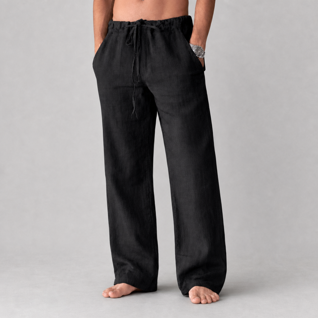 Noto Linen Drawstring Trousers in Black