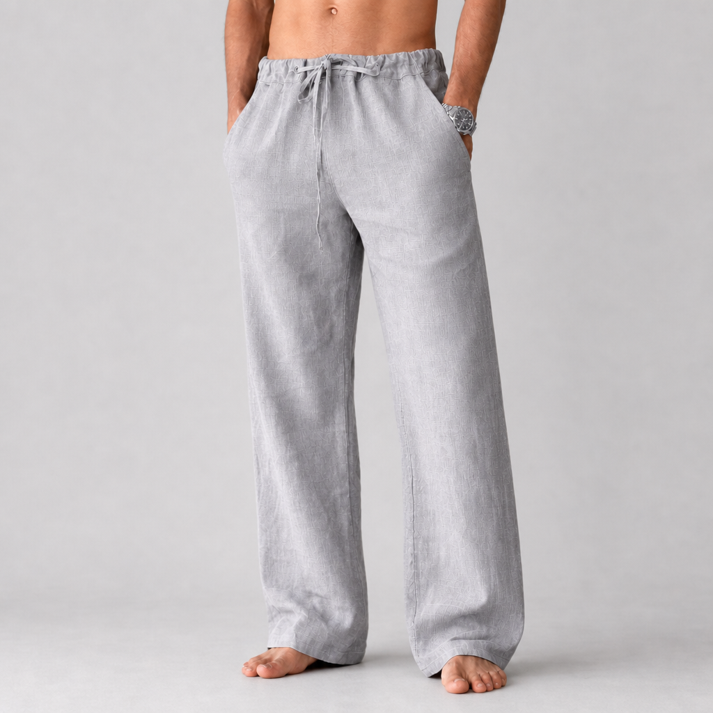 Noto Linen Drawstring Trousers in Light Gray