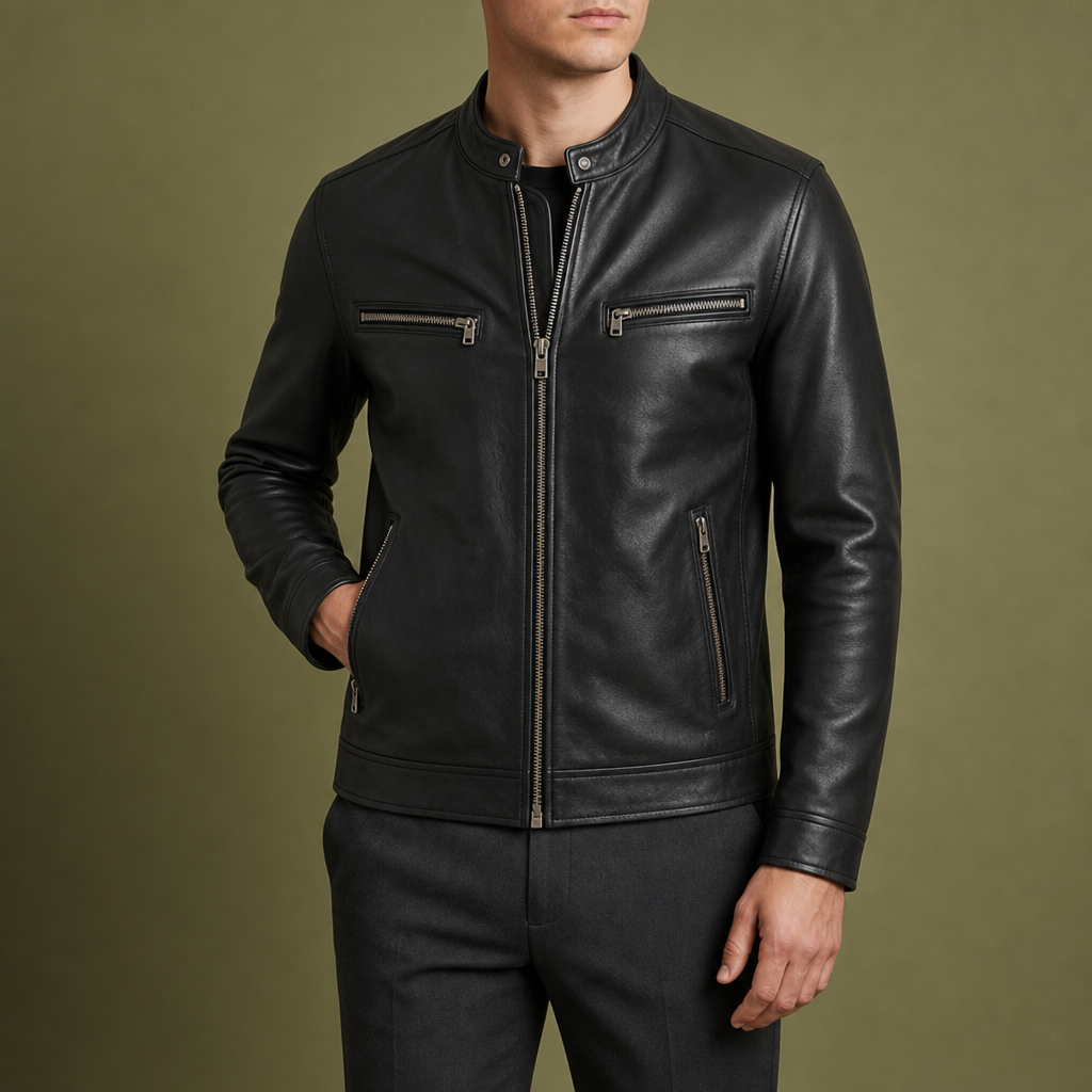 Ostuni Vintage Biker Leather Jacket in Black