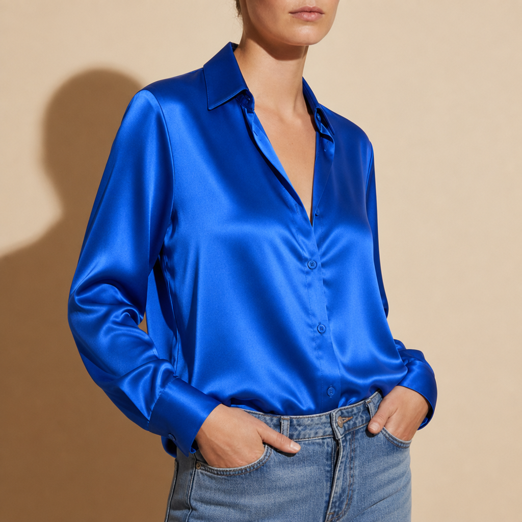 Pisa Satin Button-Up Blouse in Royal Blue