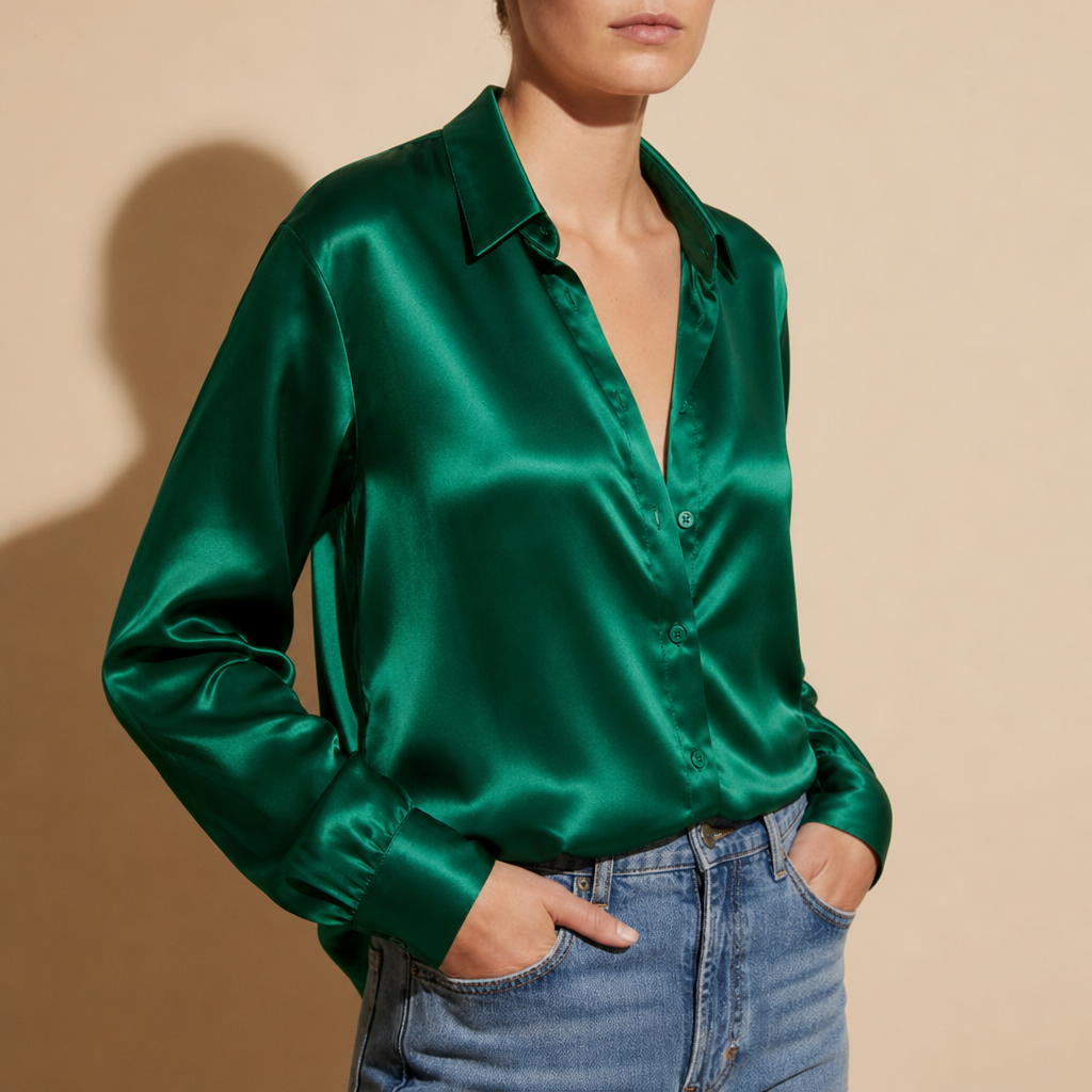 Pisa Satin Button-Up Blouse in Emerald Green