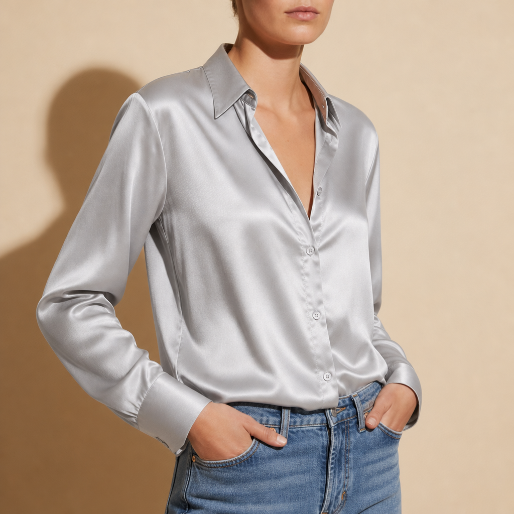 Pisa Satin Button-Up Blouse in Silver