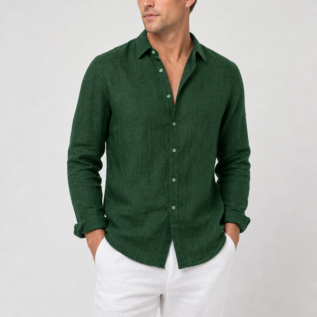 Polignano Linen Button-Up Shirt in Dark Green