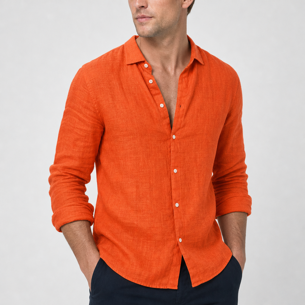 Polignano Linen Button-Up Shirt in Orange-Red