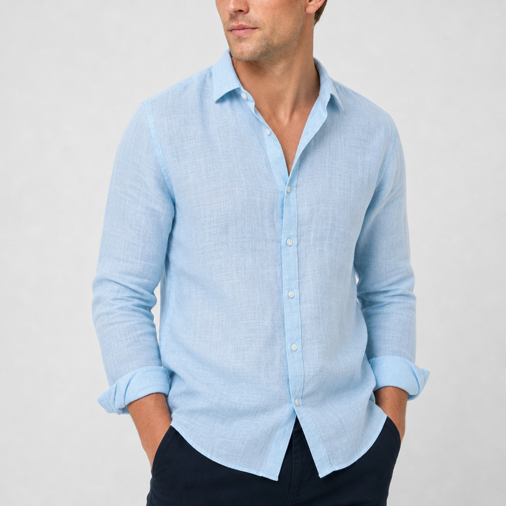 Polignano Linen Button-Up Shirt in Light Blue