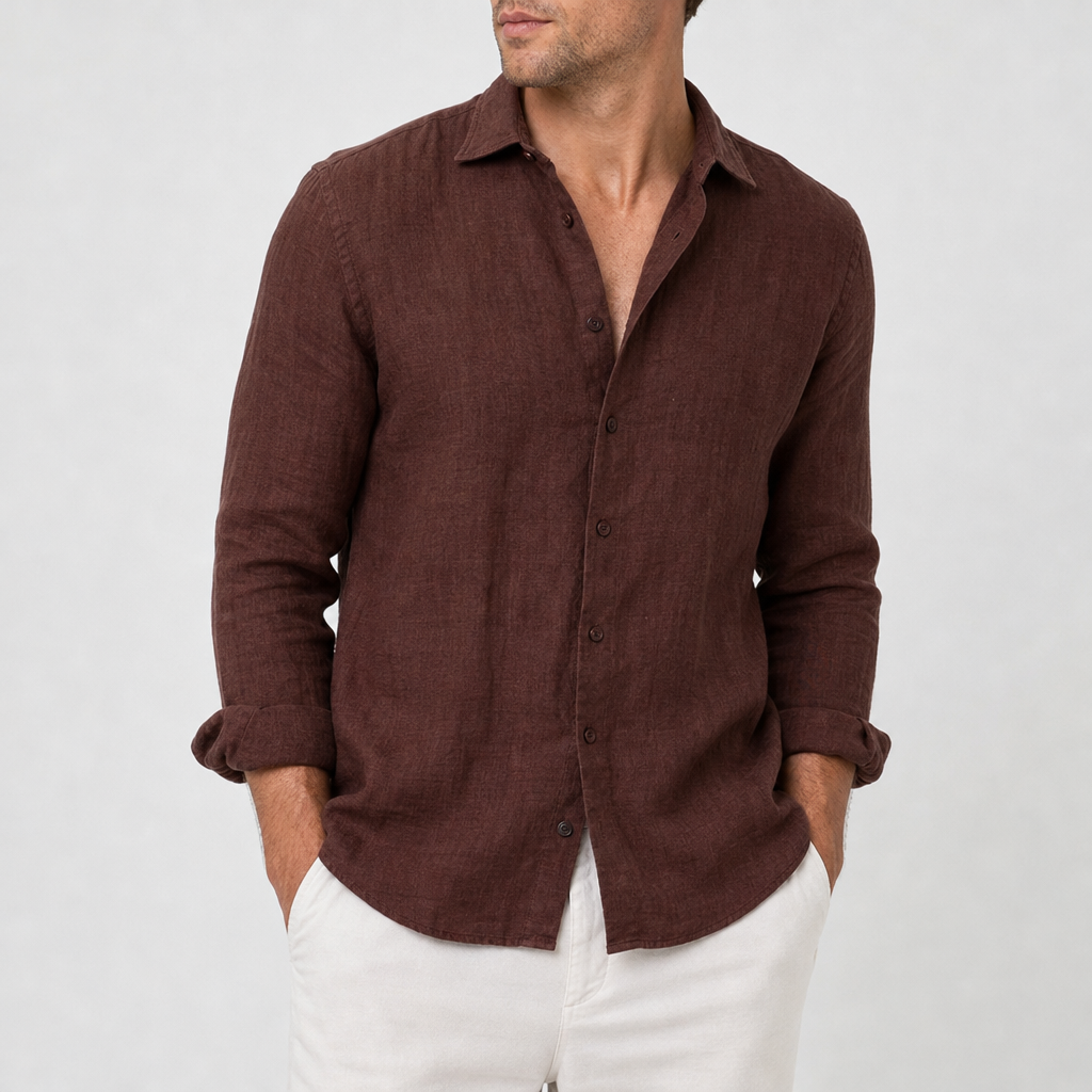 Polignano Linen Button-Up Shirt in Dark Brown