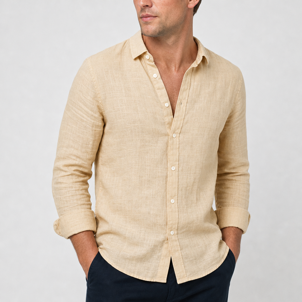 Polignano Linen Button-Up Shirt in Yellowish-brown