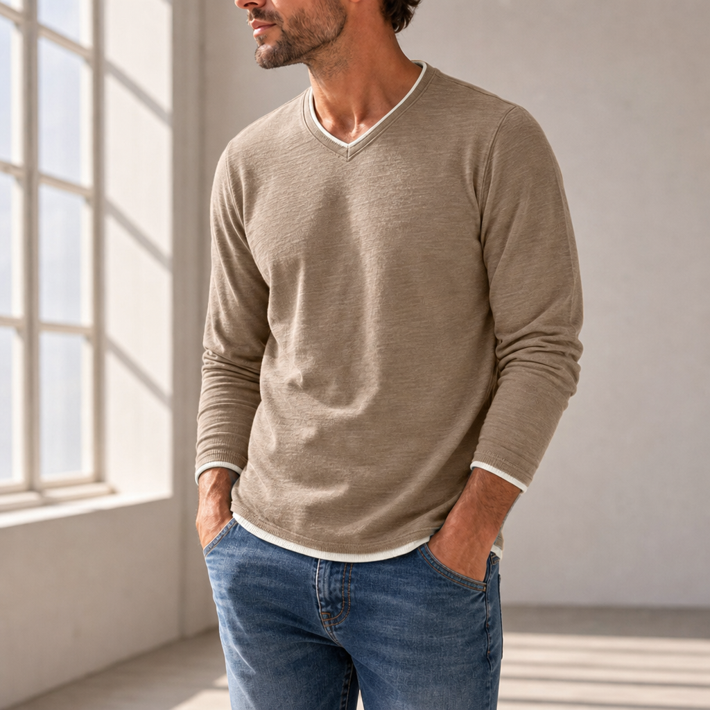 Porec Contrast Trim V-Neck Tee in Brown