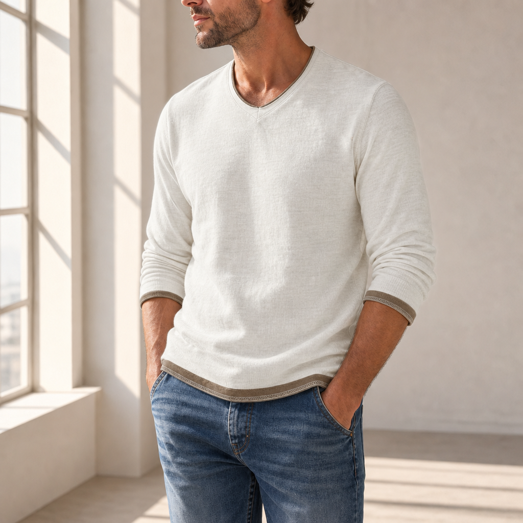 Porec Contrast Trim V-Neck Tee in White
