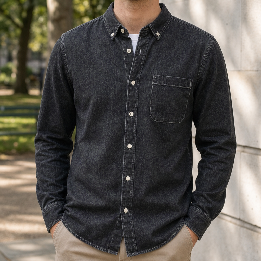 Portofino Denim Button-Up Shirt in Black