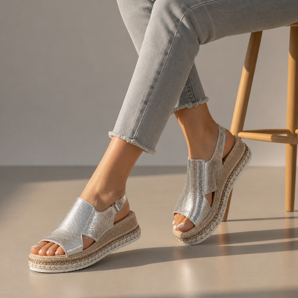 Rab Orthopedic Metallic Platform Wedge Sandals in Silver