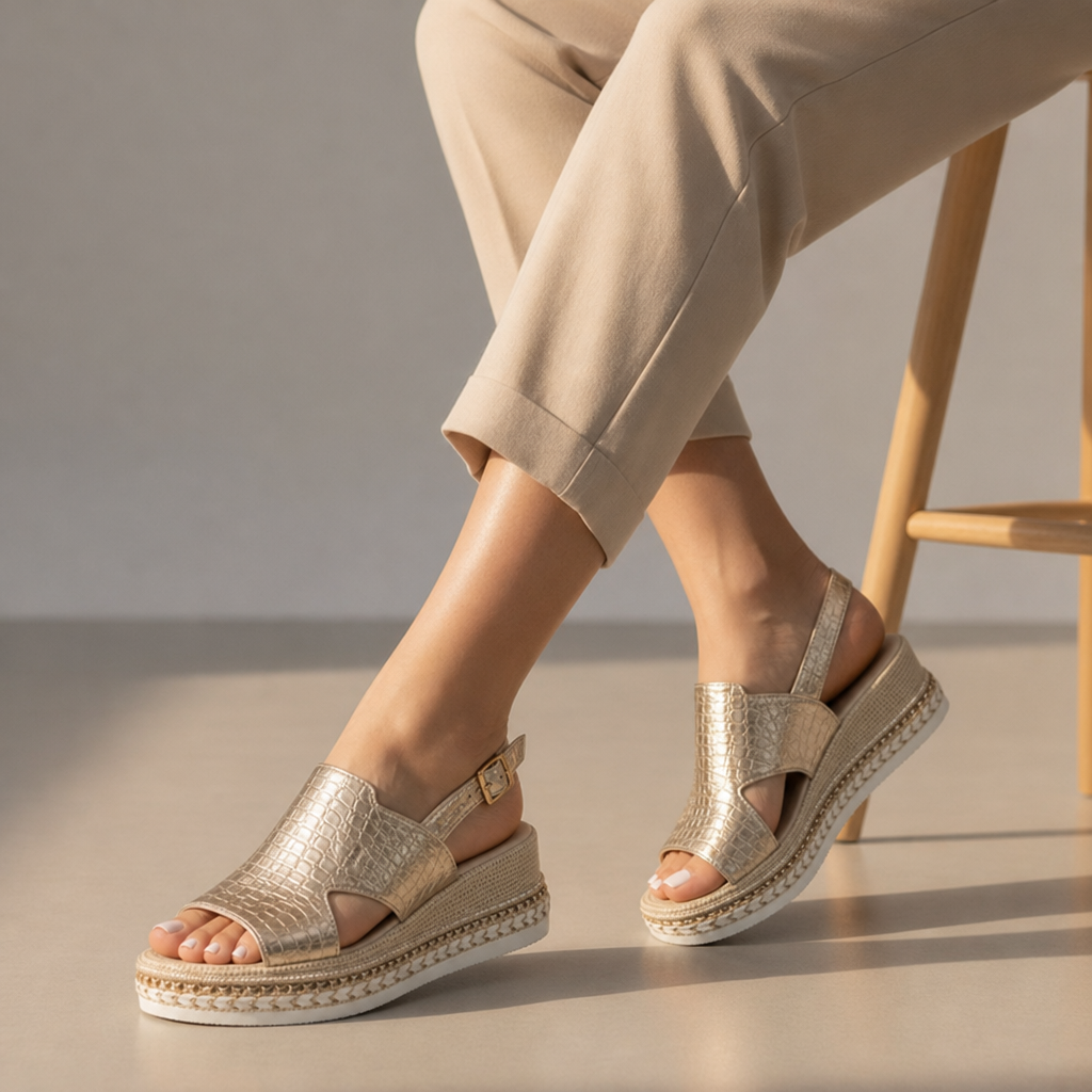 Rab Orthopedic Metallic Platform Wedge Sandals in Gold