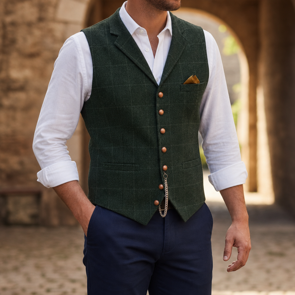 Ravello Tailored Tweed Waistcoat in Dark Green