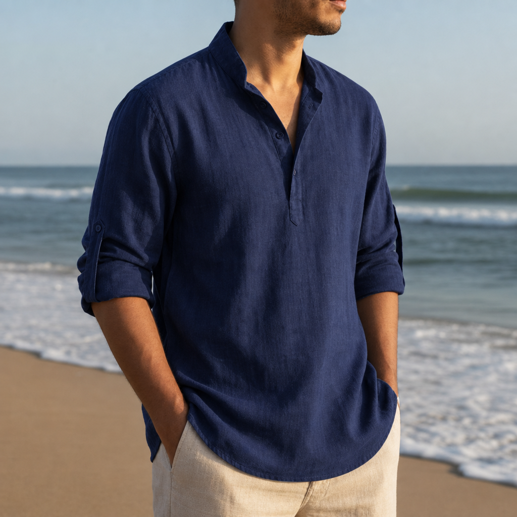 Rimini Linen Henley Shirt in Navy