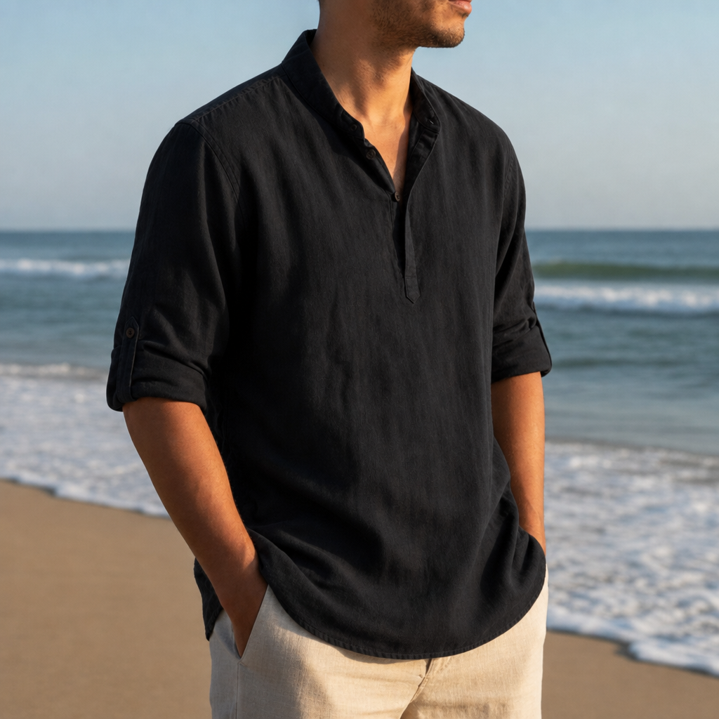 Rimini Linen Henley Shirt in Black