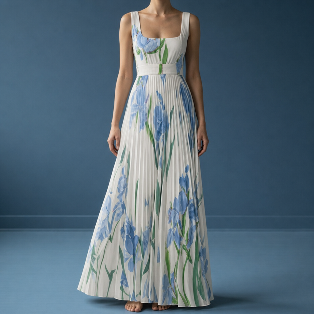 Rivello Floral Pleated Maxi Dress in White & Blue