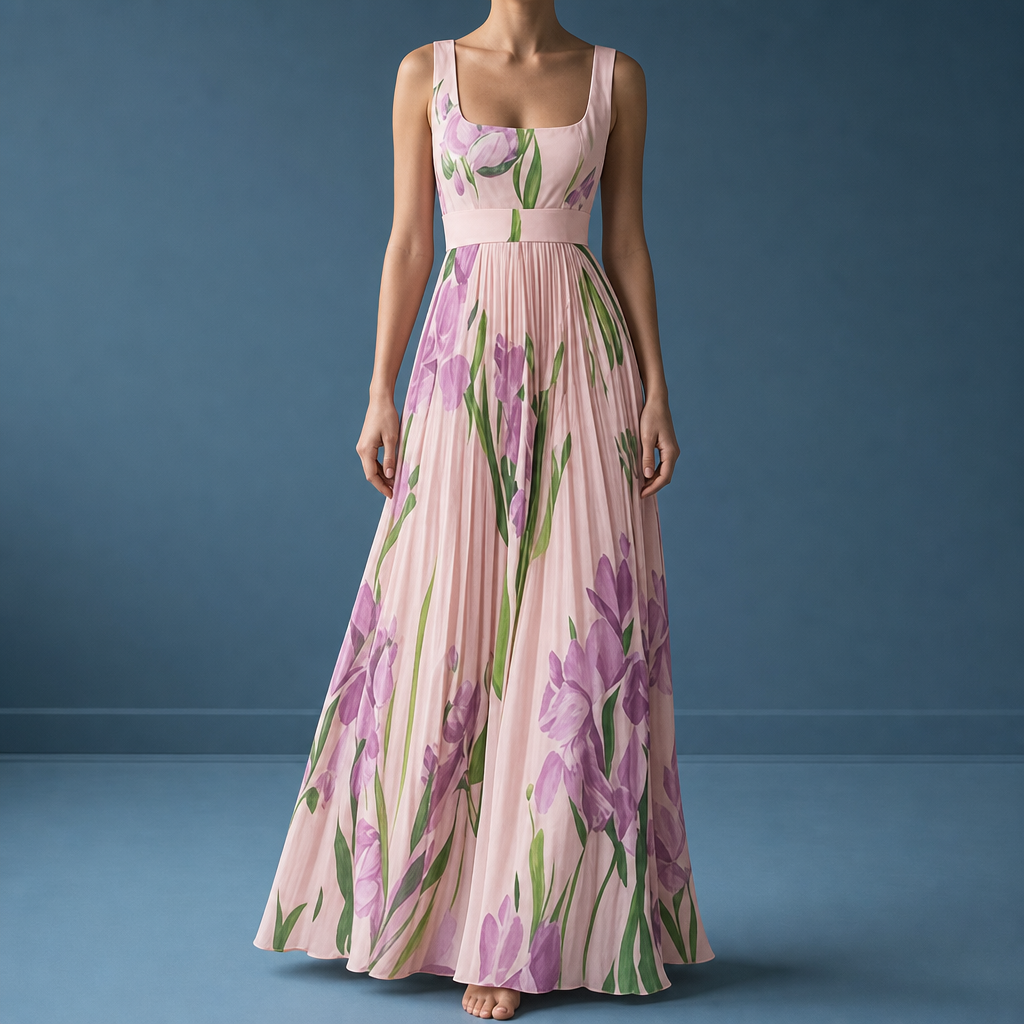 Rivello Floral Pleated Maxi Dress in Pink & Purple