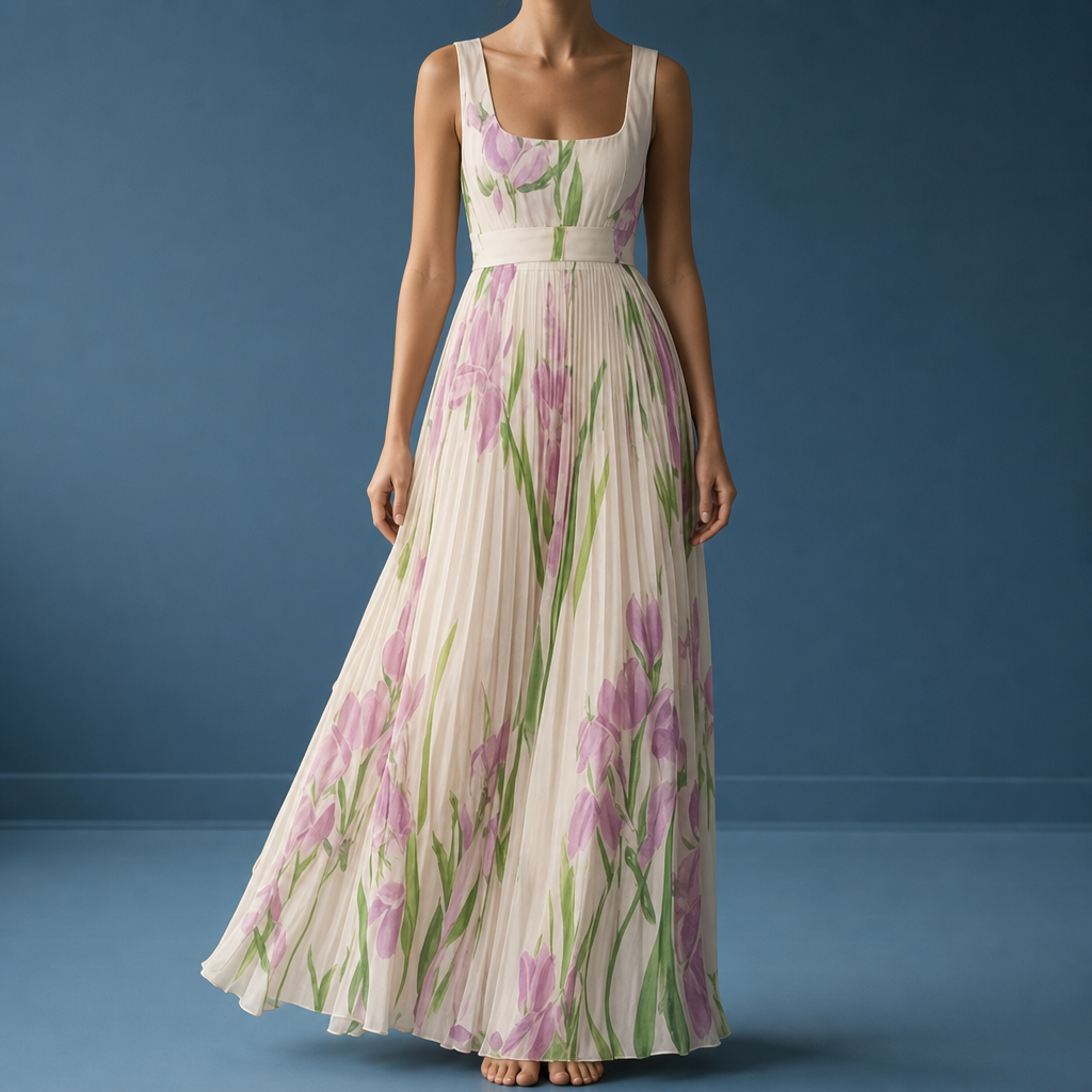 Rivello Floral Pleated Maxi Dress in Apricot & Purple
