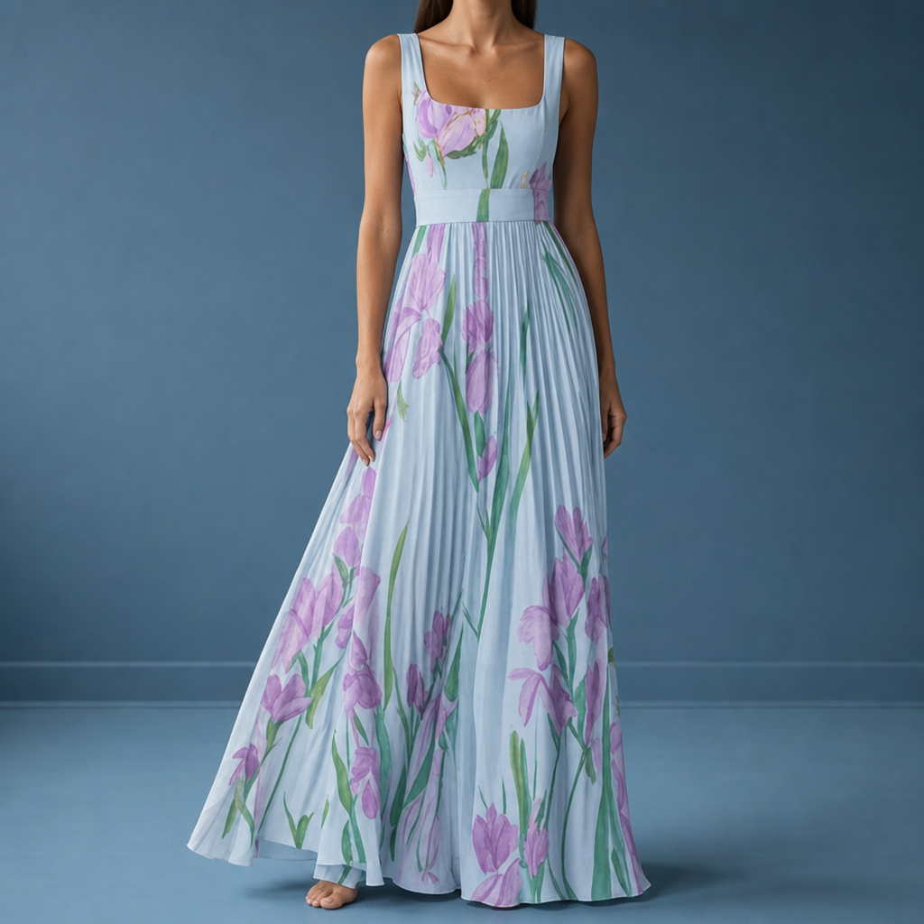 Rivello Floral Pleated Maxi Dress in Blue & Purple
