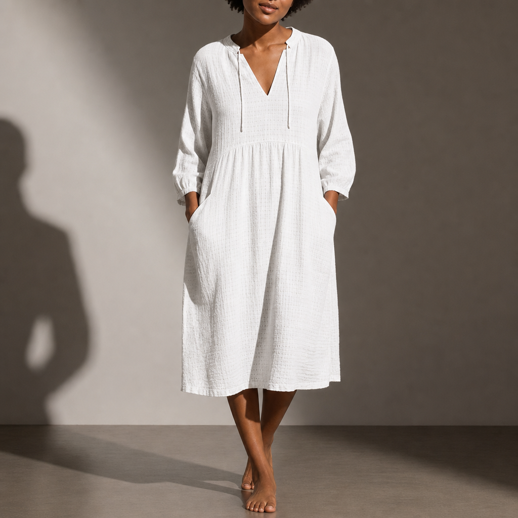 Sagres Boho V-Neck Dress in White
