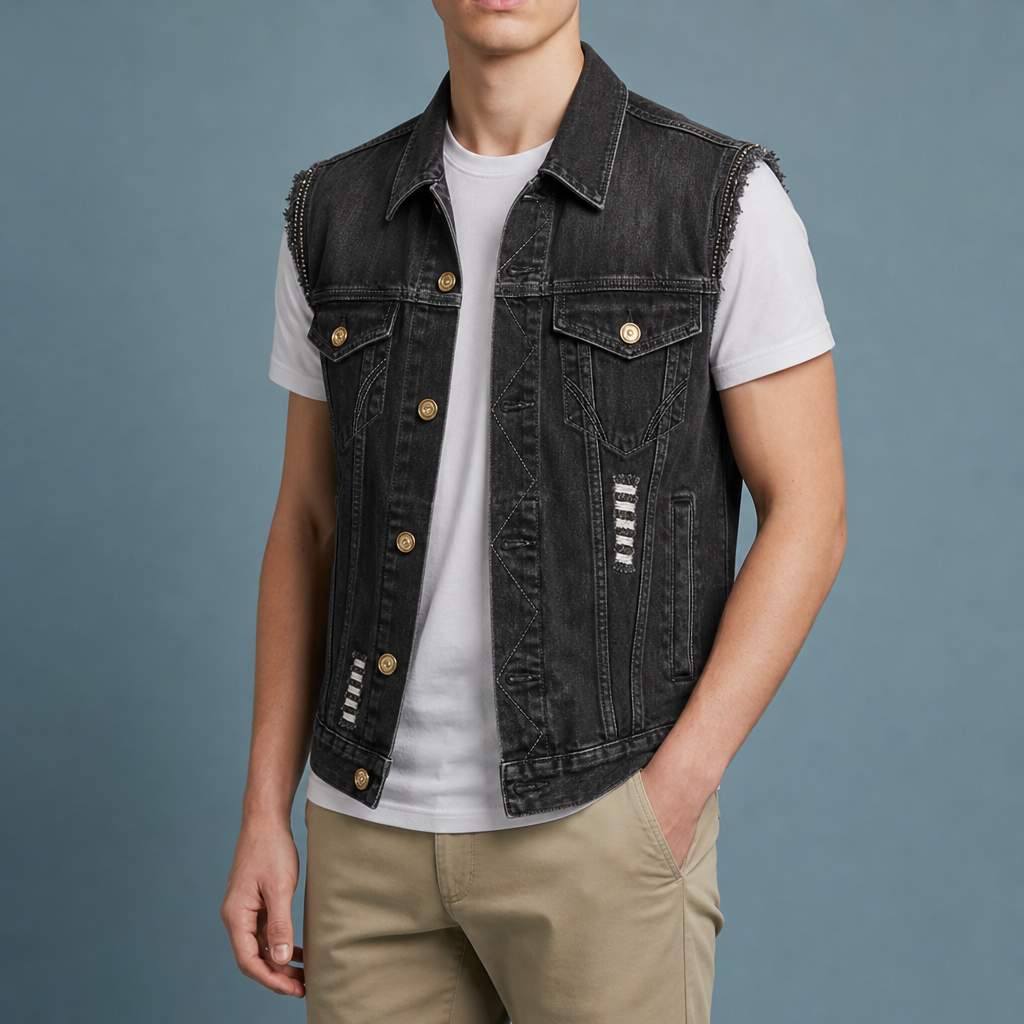 Saint Tropez Distressed Denim Vest in Black
