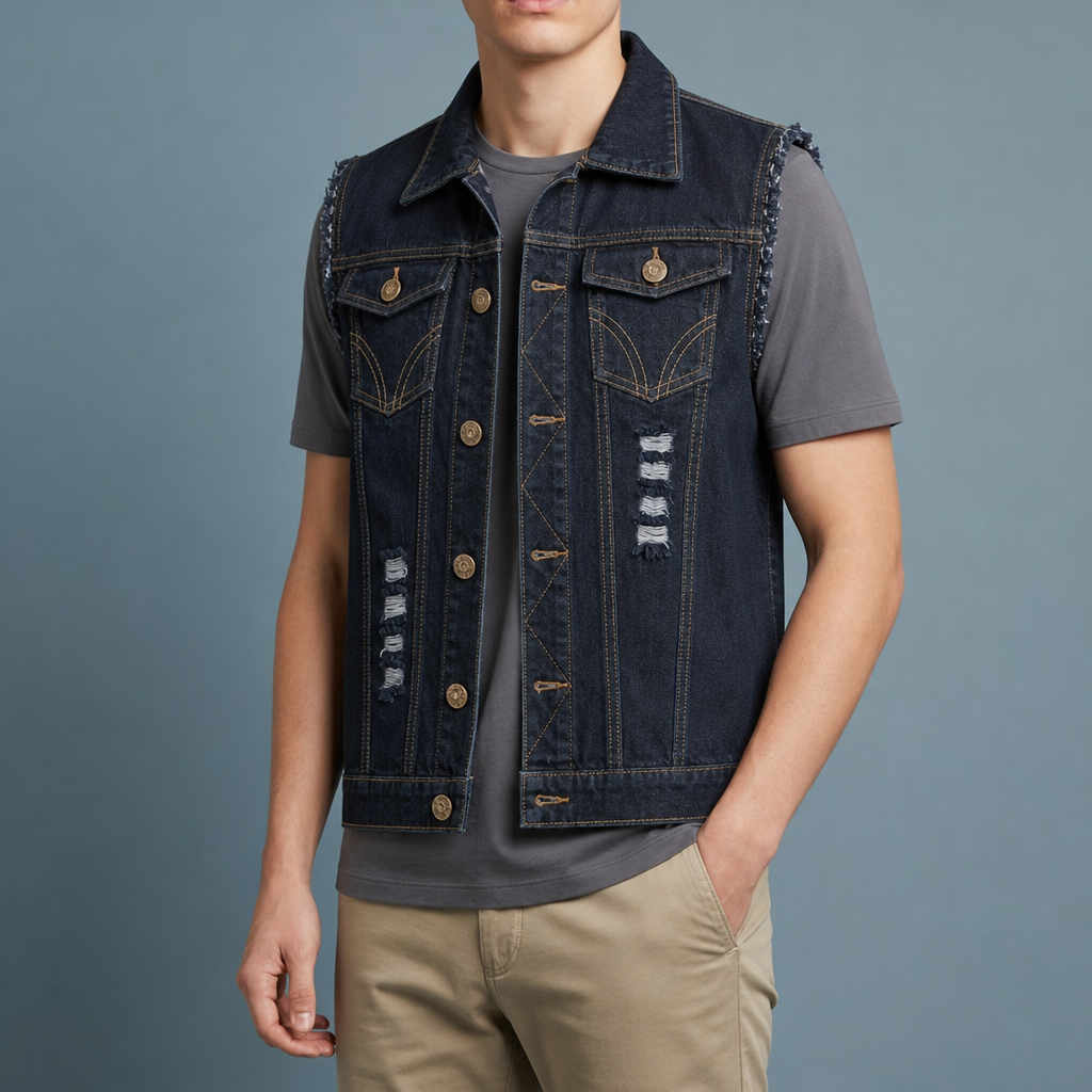 Saint Tropez Distressed Denim Vest in Dark Blue