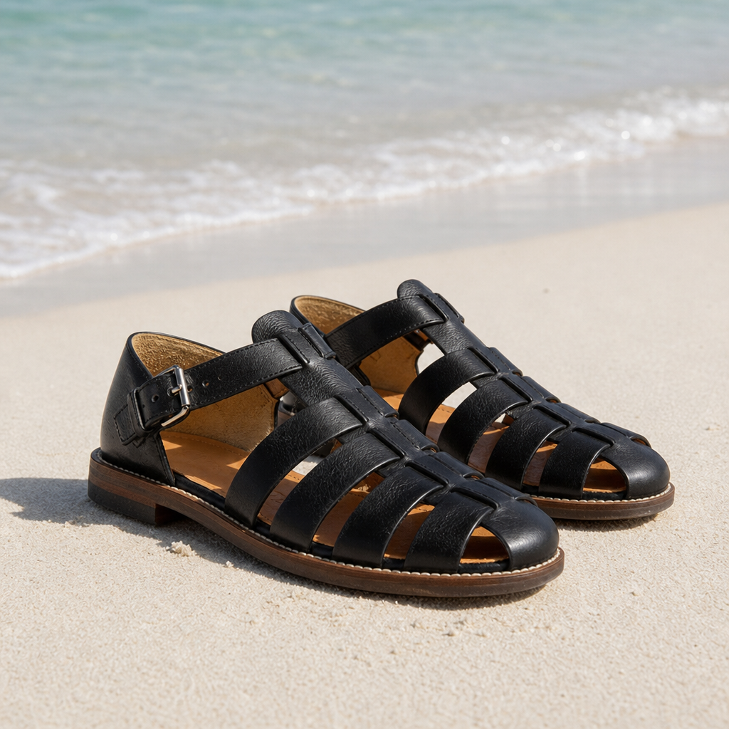 Silves Leather Fisherman Sandals in Black