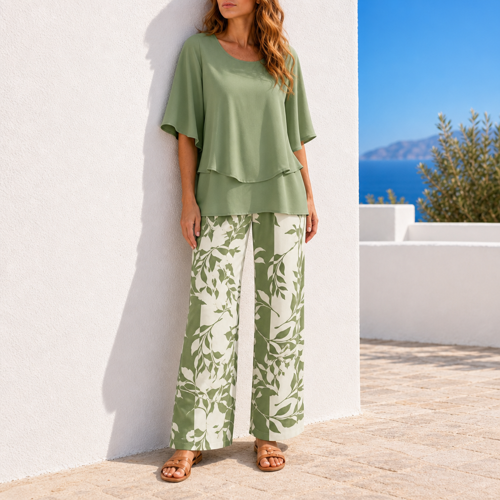 Skyros Layered Floral Two-Piece Set in Green