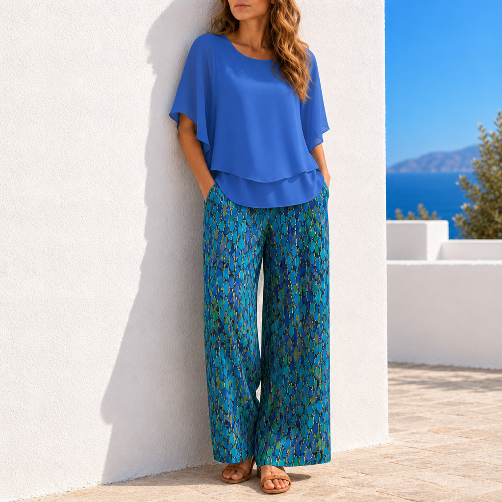 Skyros Layered Floral Two-Piece Set in Ocean Blue