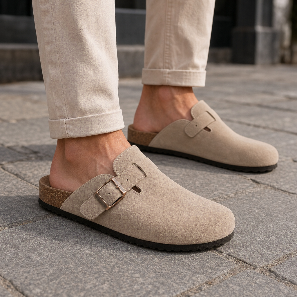 Spetses Suede Buckle Clogs in Beige