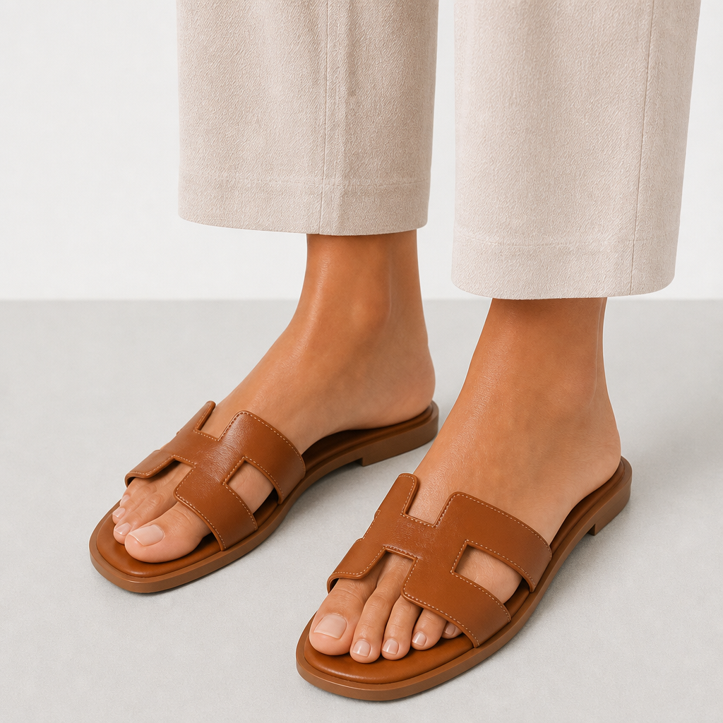 Syros Orthopedic H-Strap Leather Slides in Brown
