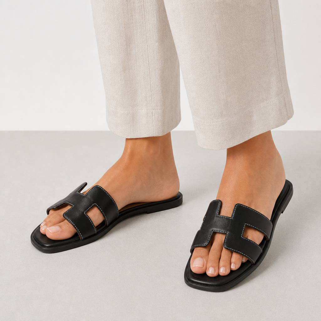 Syros Orthopedic H-Strap Leather Slides in Black