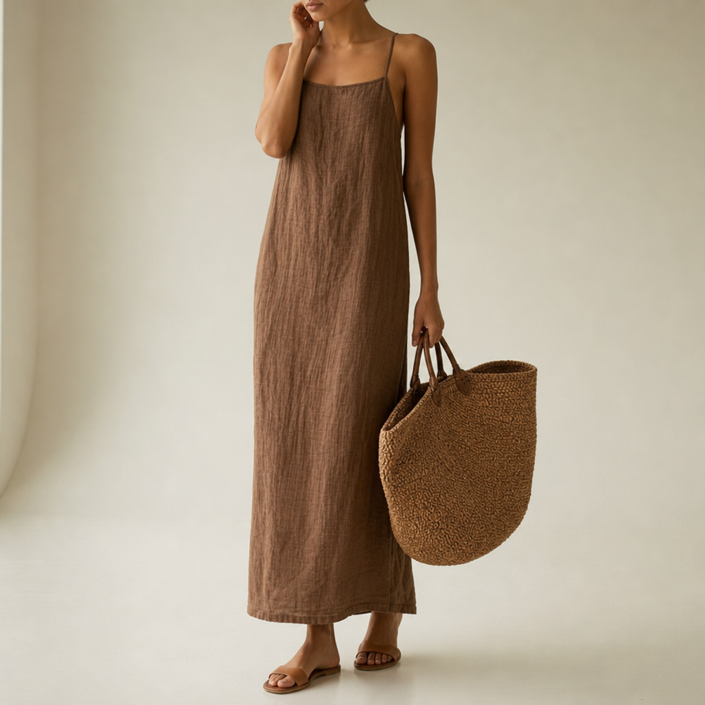 Tavira Linen Cotton Maxi Dress in Brown