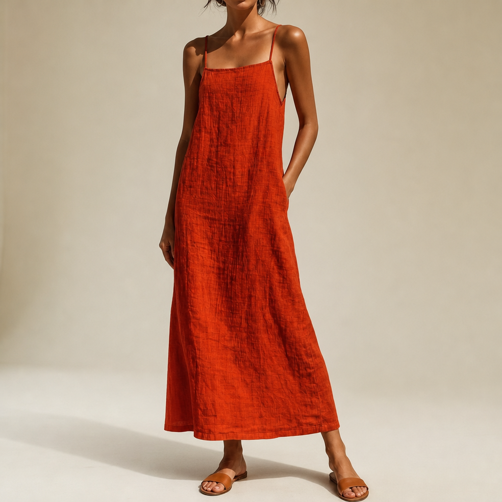 Tavira Linen Cotton Maxi Dress in Red