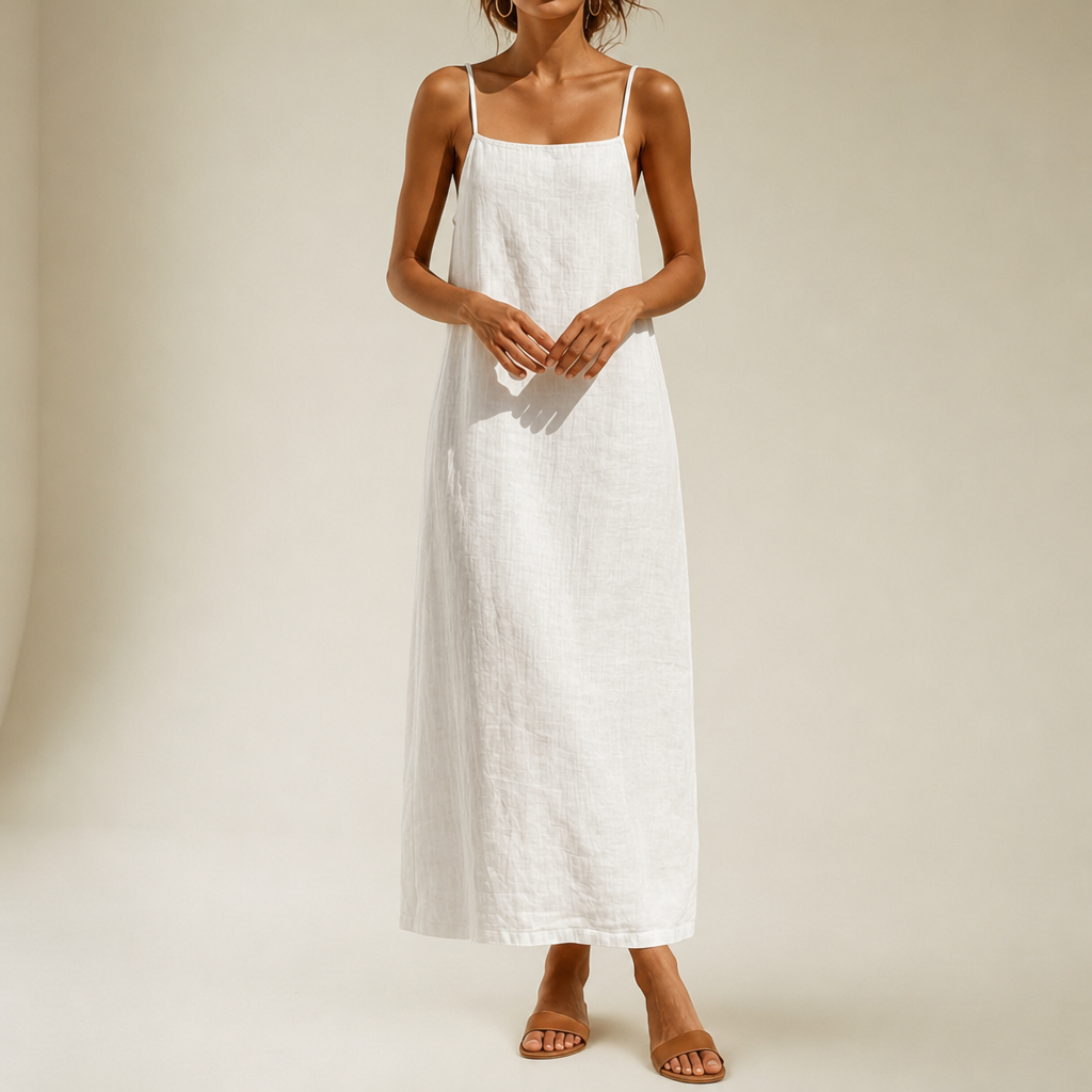 Tavira Linen Cotton Maxi Dress in White