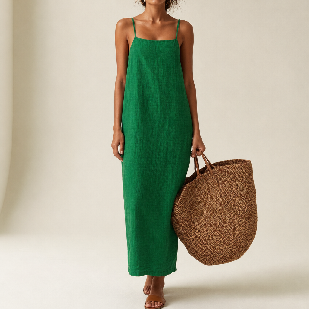 Tavira Linen Cotton Maxi Dress in Green