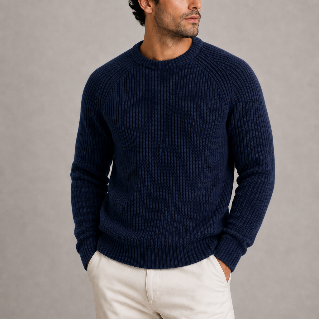 Trani Fisherman Rib Knit Sweater in Navy
