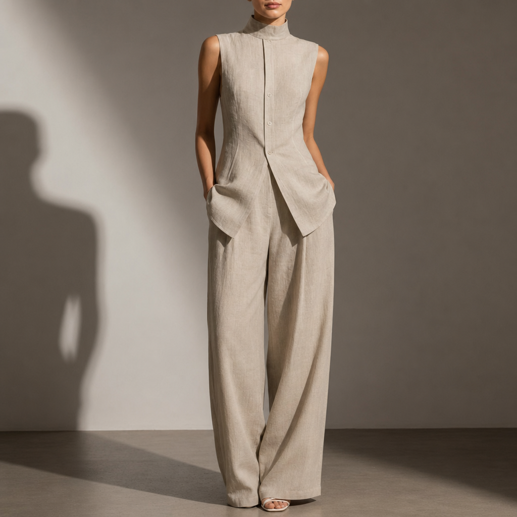Vence Linen Mock Neck Pant Set in Beige